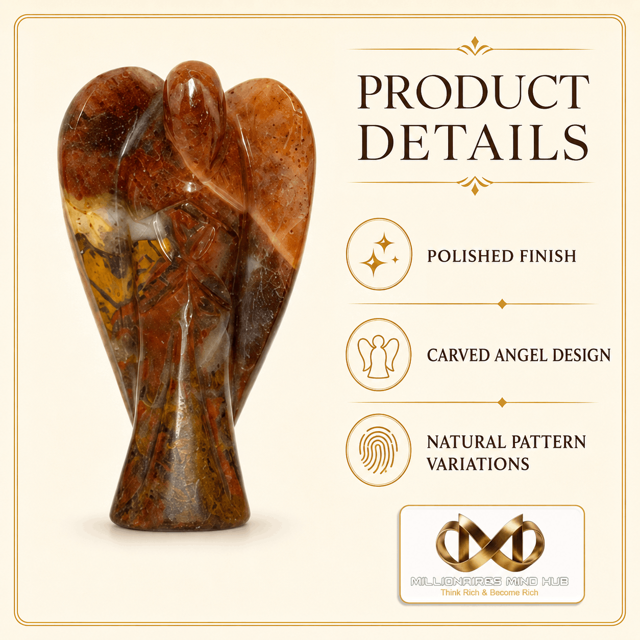 A polished carved angel figurine made from natural brown and amber stone, shown next to product details text on a cream background. The text highlights a polished finish, carved angel design, and natural pattern variations.