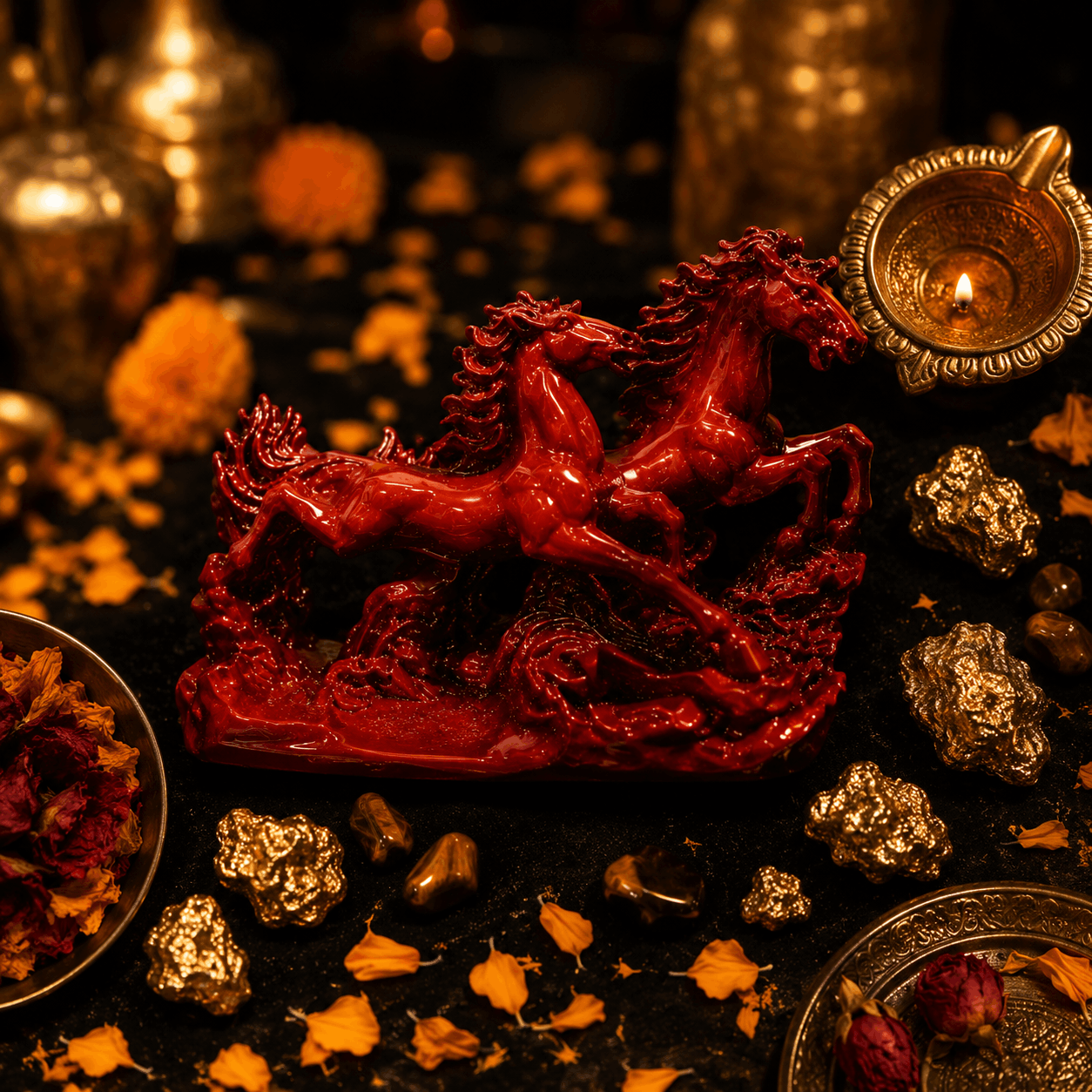 Red horse sculpture with gold coins and dried flowers on a dark background