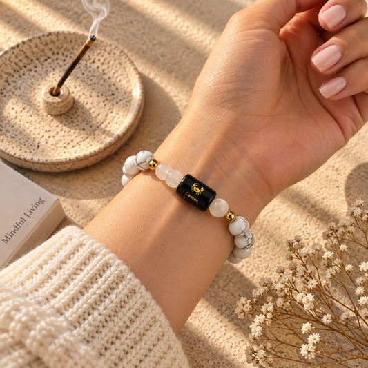 Cancer Zodiac Bracelet – White Howlite & Moonstone Crystal Beads