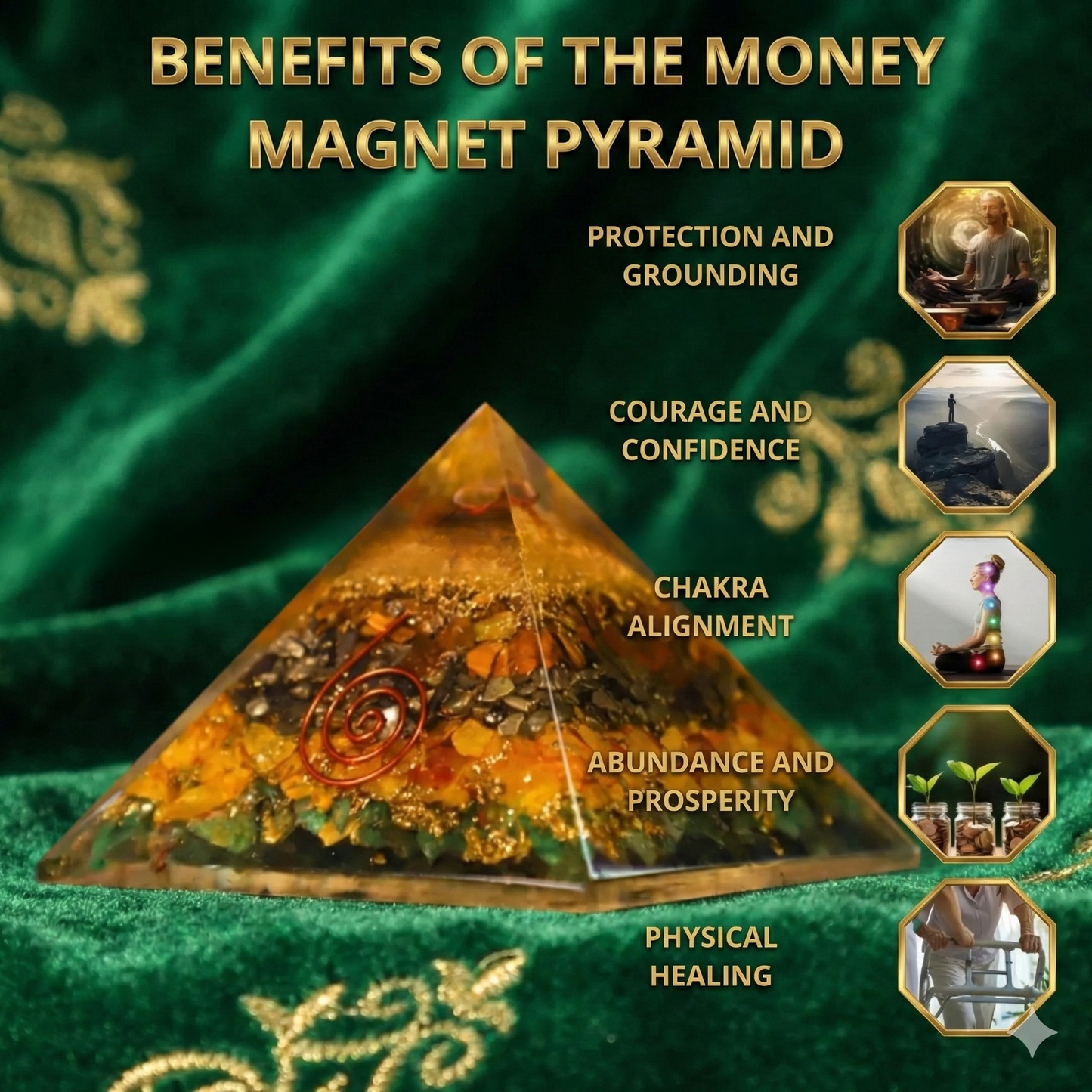 Money magnet pyramid with benefits listed on a green background
