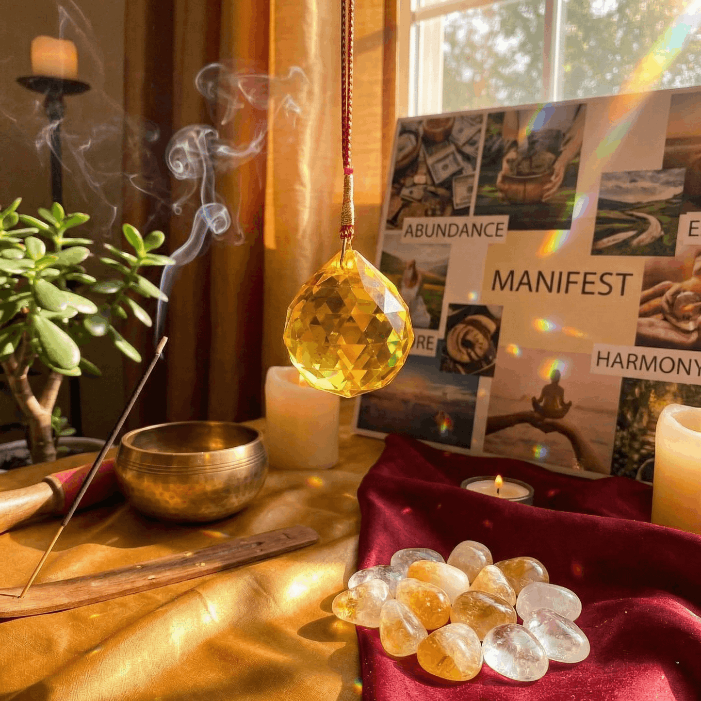 Decorative setup with candles, stones, incense, and a 'Manifest Harmony' poster.