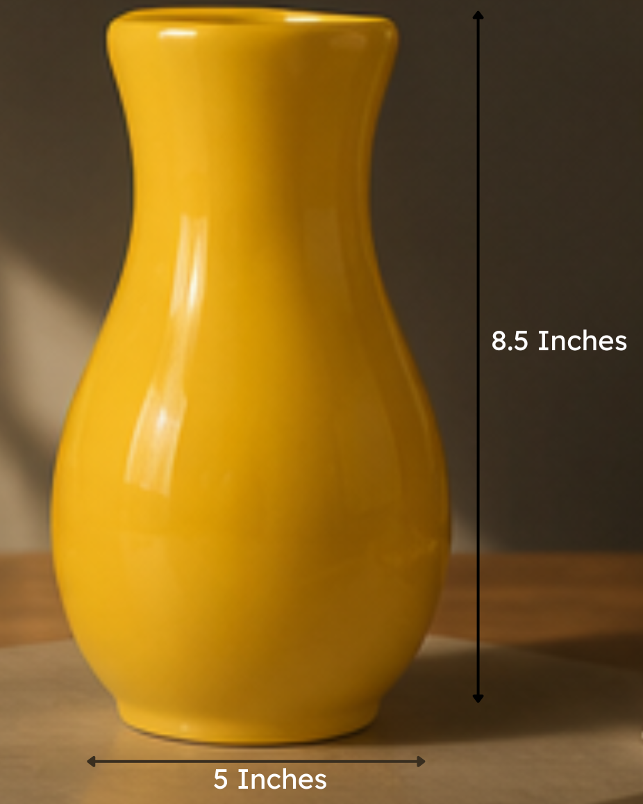 Yellow vase on a wooden surface with measurements indicated