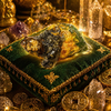 Decorative setting with a green cushion, crystal, and gold coins on a dark background