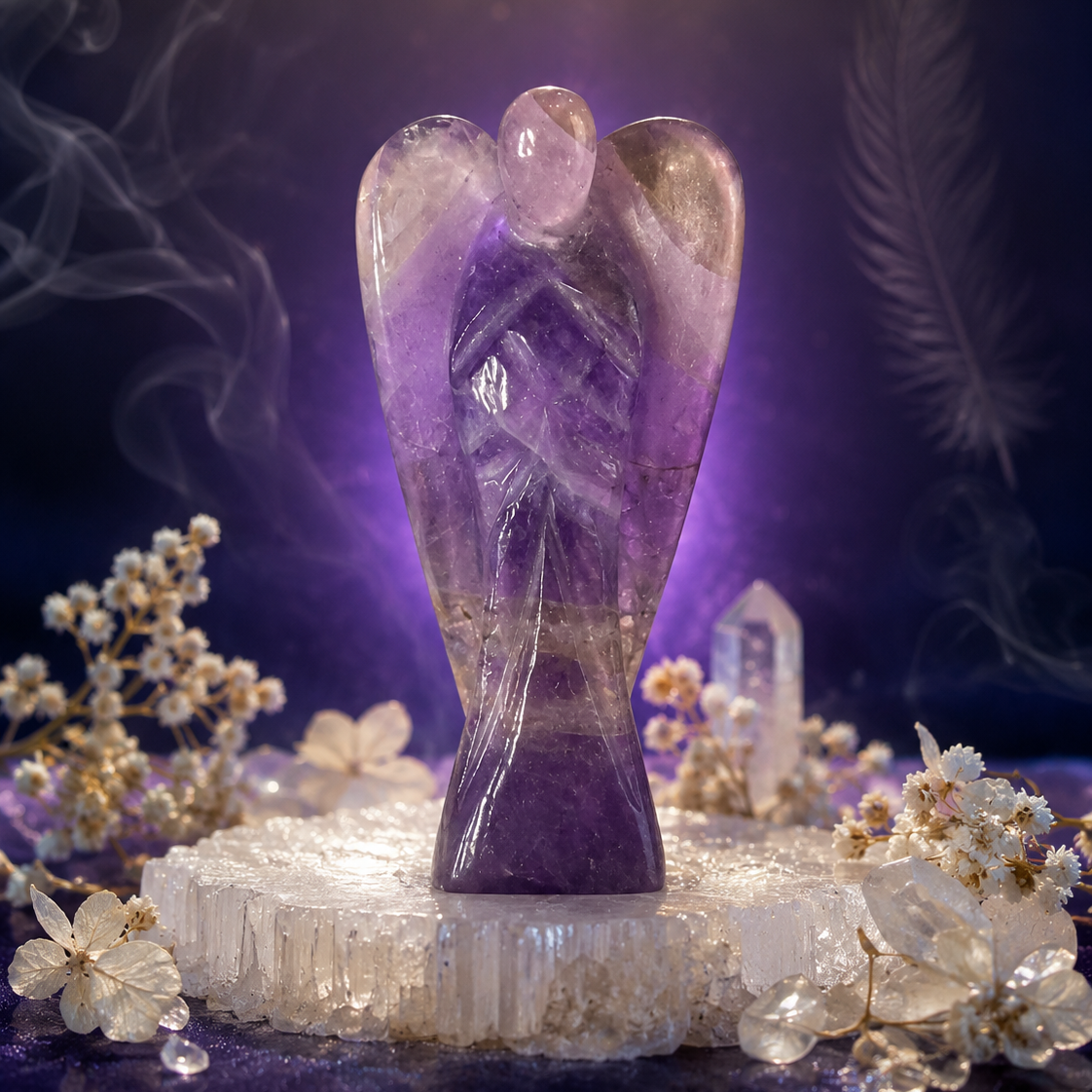 A carved amethyst angel figurine with wings and a draped figure, displayed on a white crystal base surrounded by dried flowers and crystals against a dark purple smoky background.