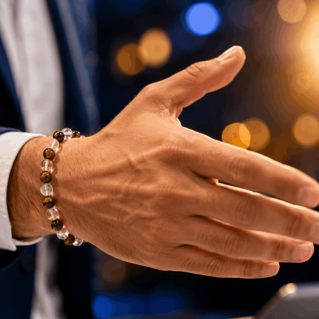 Hand wearing a bracelet with a blurred background
