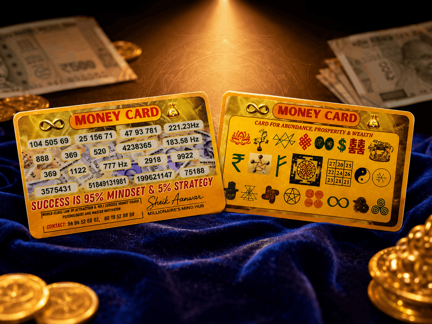 Two gold 'Money Card' with text and symbols on a blue fabric background with money and coins.