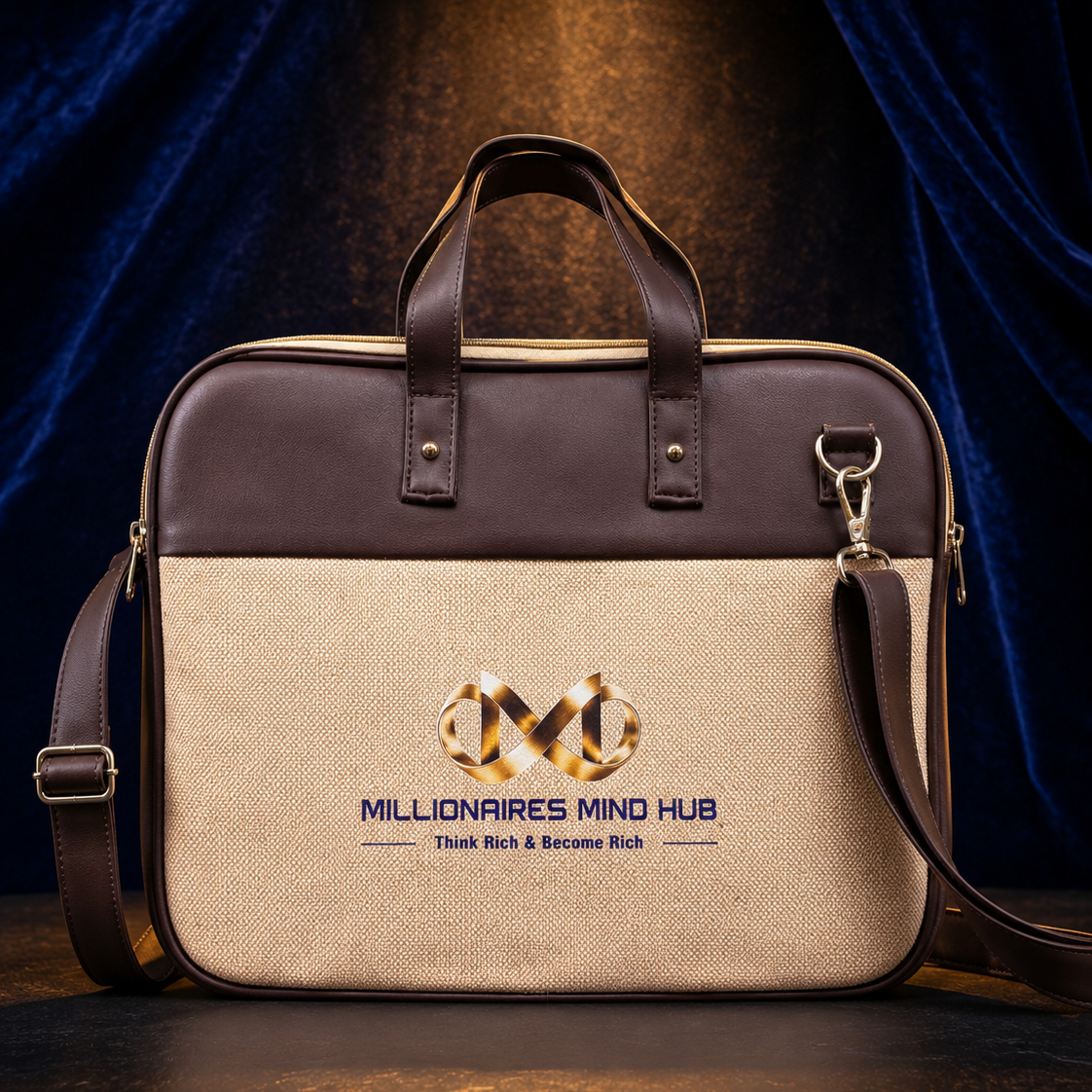 Beige and brown briefcase with 'Millionaires Mind Hub' logo on a dark background