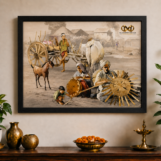 Framed artwork depicting traditional scene with people and animals on a wall above a wooden table.