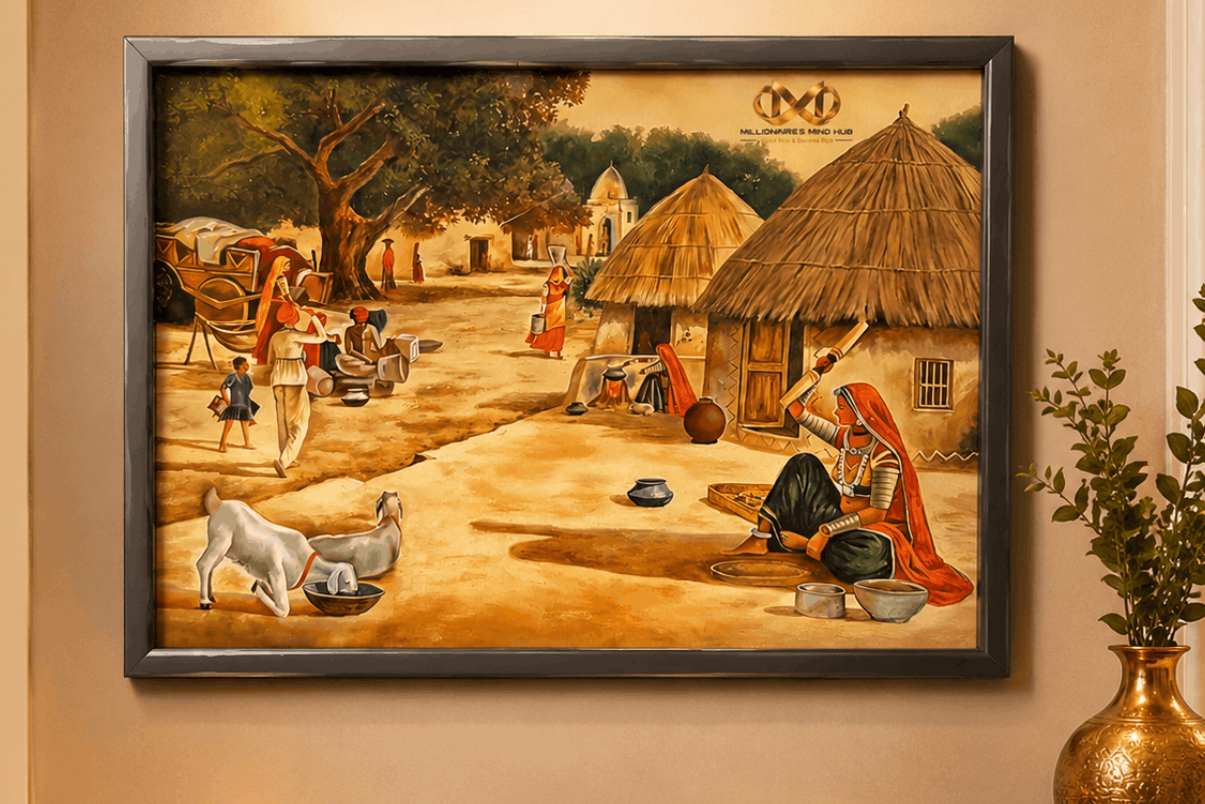 Framed artwork depicting a village scene on a wall above a wooden console table.