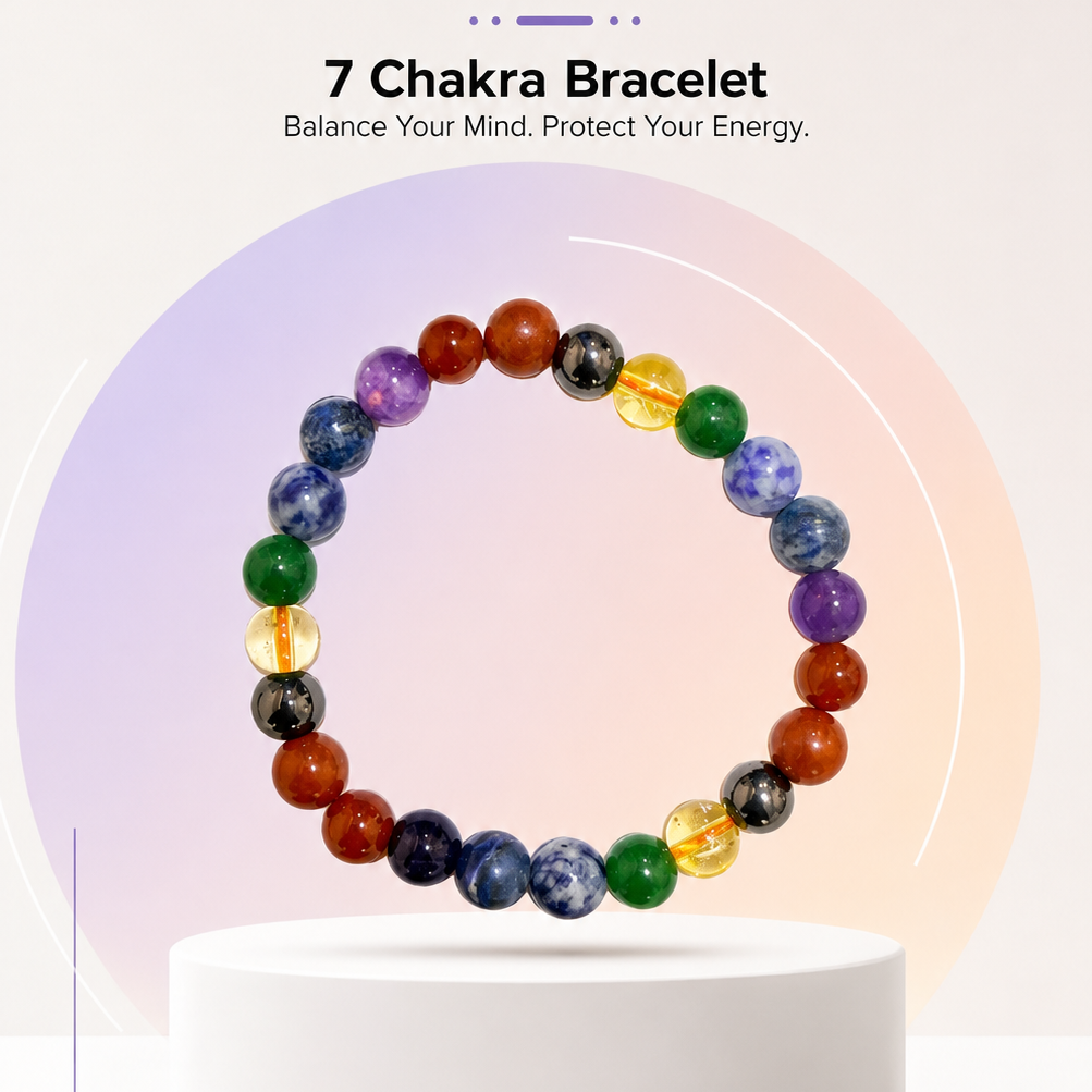 A 7 chakra bead bracelet displayed on a white cylindrical pedestal. The bracelet features colorful polished beads representing the chakras: red, orange, brown, yellow, green, blue, and purple, with one translucent amber bead.