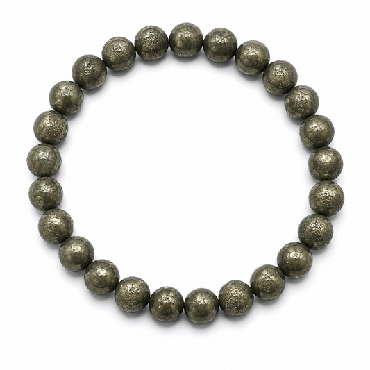 Pyrite beaded bracelet on a white background