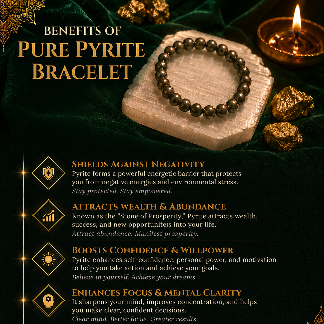 Pure Pyrite bracelet on a stone with gold pyrite stones and a candle, set against a dark background with text about the bracelet's benefits.