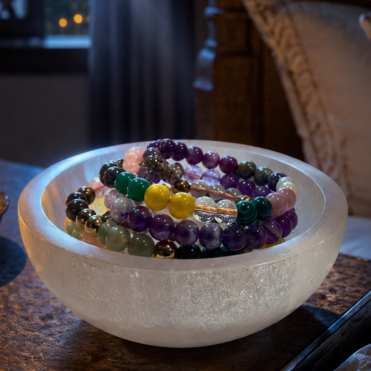 Bowl of colorful beaded bracelets on a table with a candle and decorative elements.