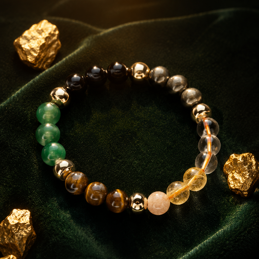 Multicolored beaded bracelet on a dark green fabric background with gold rocks.