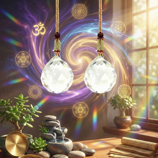 Decorative setup with crystal pendant lights, water fountain, and books on a wooden surface.