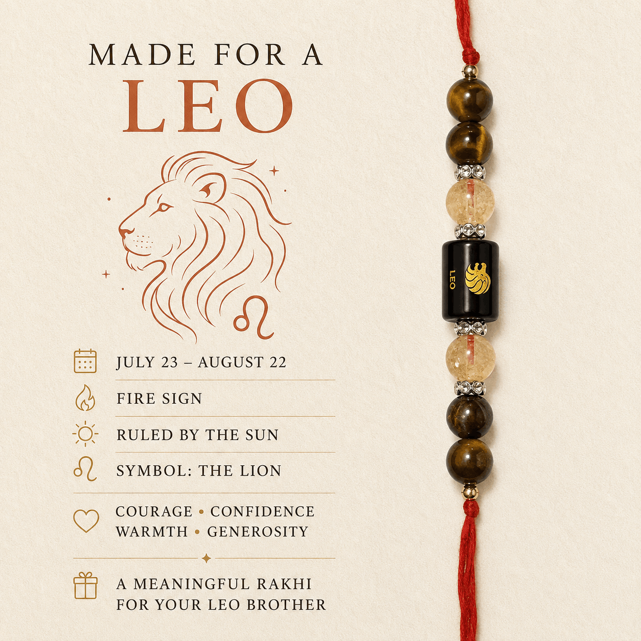 Leo Zodiac Rakhi with Tiger’s Eye and Citrine Stone Beads