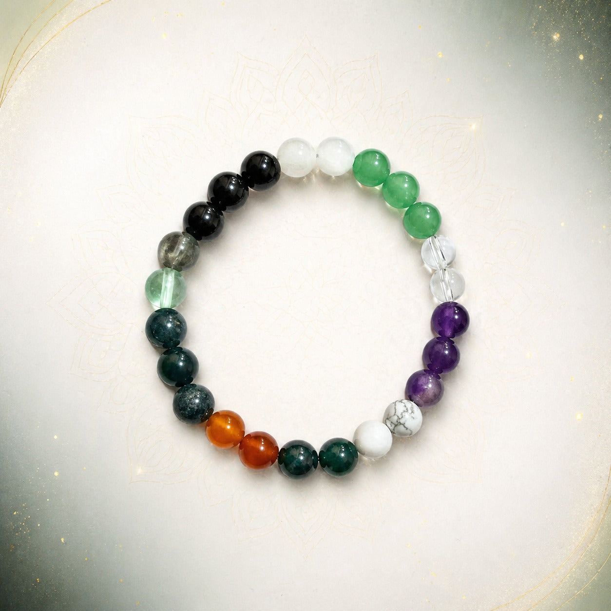 Multicolored beaded bracelet on a light gray background