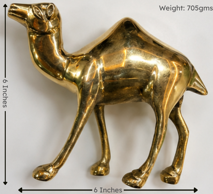 Gold camel figurine with measurements on a white background