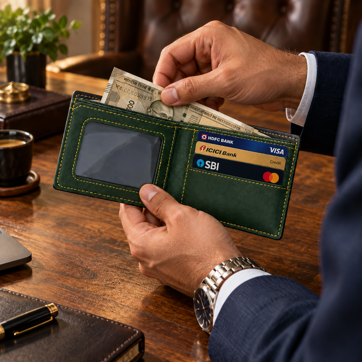 π Success Wallet for Men | Premium Green Leather Wallet | Lucky Prosperity Wallet with Card Holder
