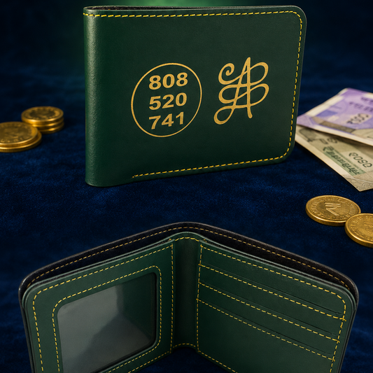 A dark green leather bi-fold wallet shown both closed and open on a dark blue velvet surface, with gold contrast stitching, gold printed numbers and monogram on the closed view, and card slots and an ID window visible in the open view. Coins and paper currency are placed around it as styling props.