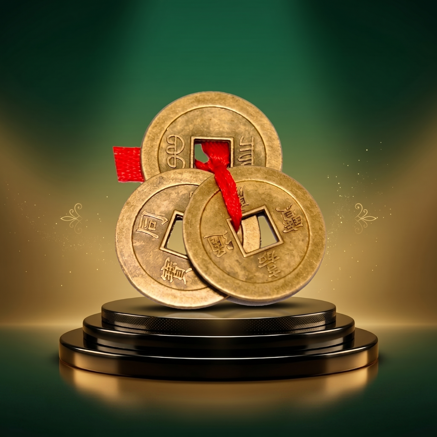 Three gold coins stacked on a dark pedestal with a red ribbon against a gradient green and brown background.