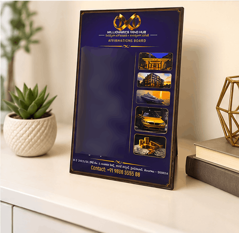 A custom framed metal affirmation board with a dark navy blue background and gold trim, styled on a white tabletop next to a small potted succulent and books.