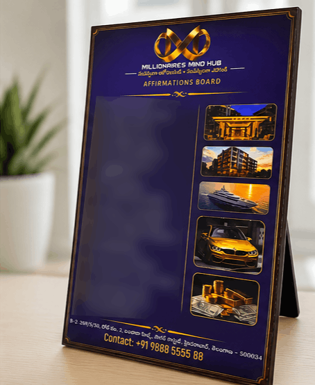 A vertical framed affirmation board standing on a tabletop in a real indoor setting. The board has a dark navy to black gradient background with gold decorative border lines, gold logo text reading 'Millionaires Mind Hub Affirmations Board,' and four inset photos showing a building at night, a yacht, a gold car, and cash.