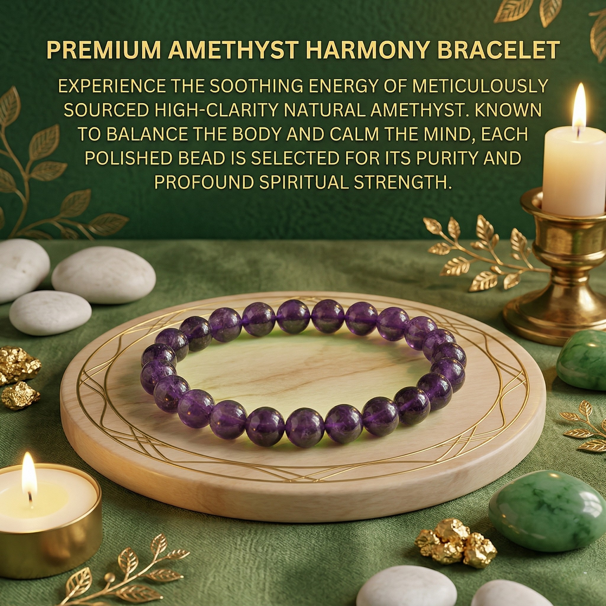 Amethyst harmony bracelet on a wooden stand with candles and stones on a green background