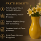 Yellow vase with flowers on a dark background with text about Vastu benefits.