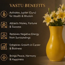 Yellow vase with flowers on a dark background with text about Vastu benefits.