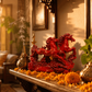 Decorative red dragon sculpture on a table with flowers and incense in a room.