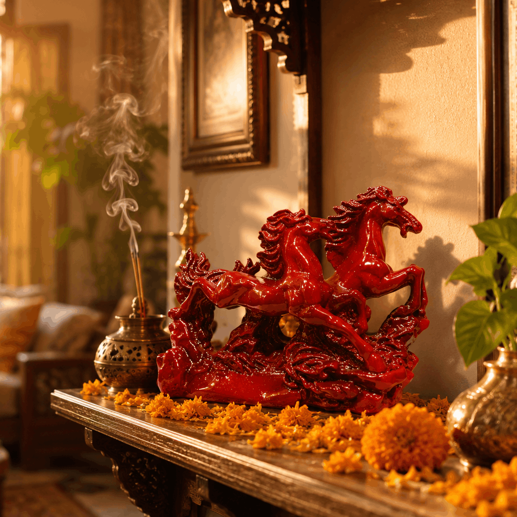Decorative red dragon sculpture on a table with flowers and incense in a room.