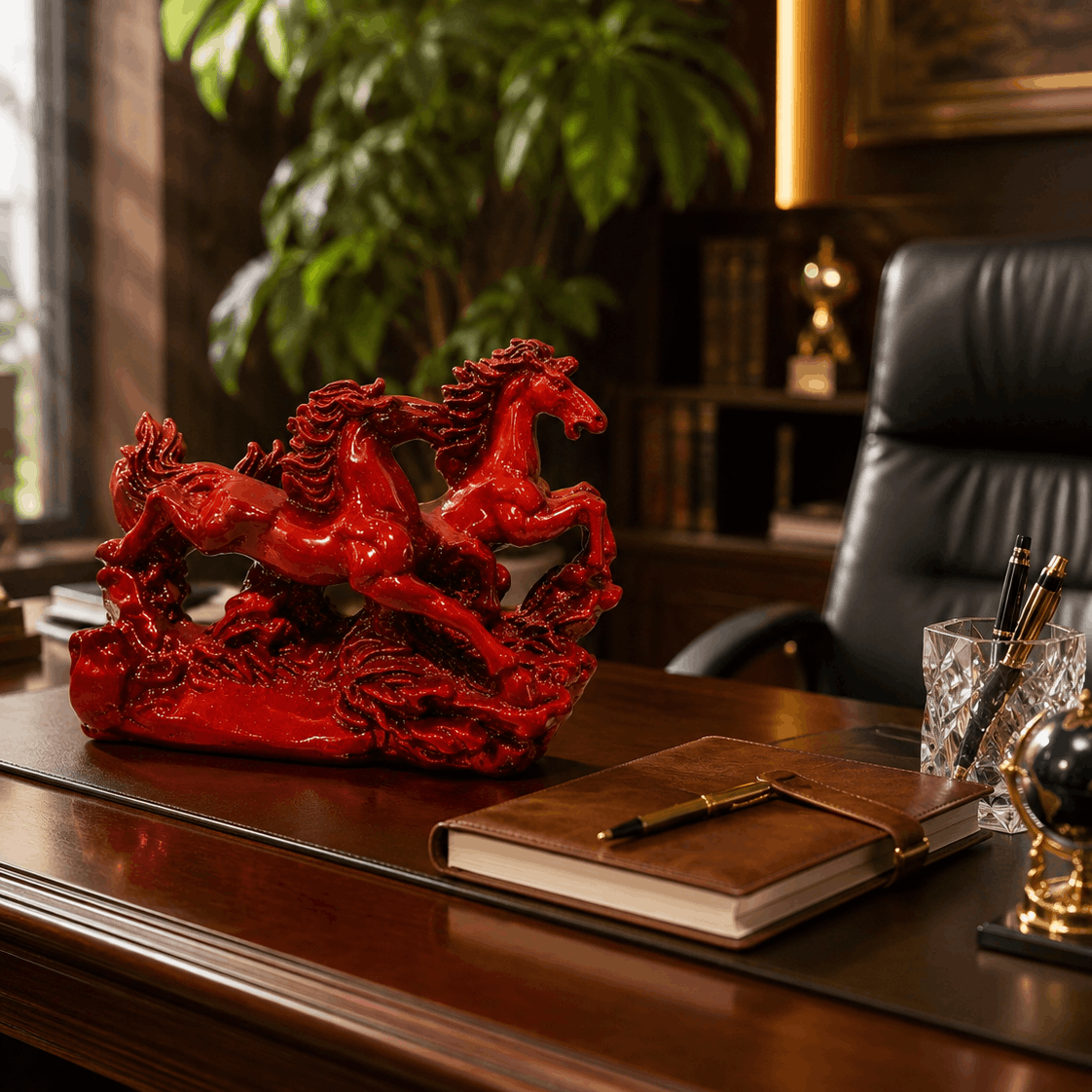 Red horse sculpture on a wooden desk with a notebook and pen, in an office setting.