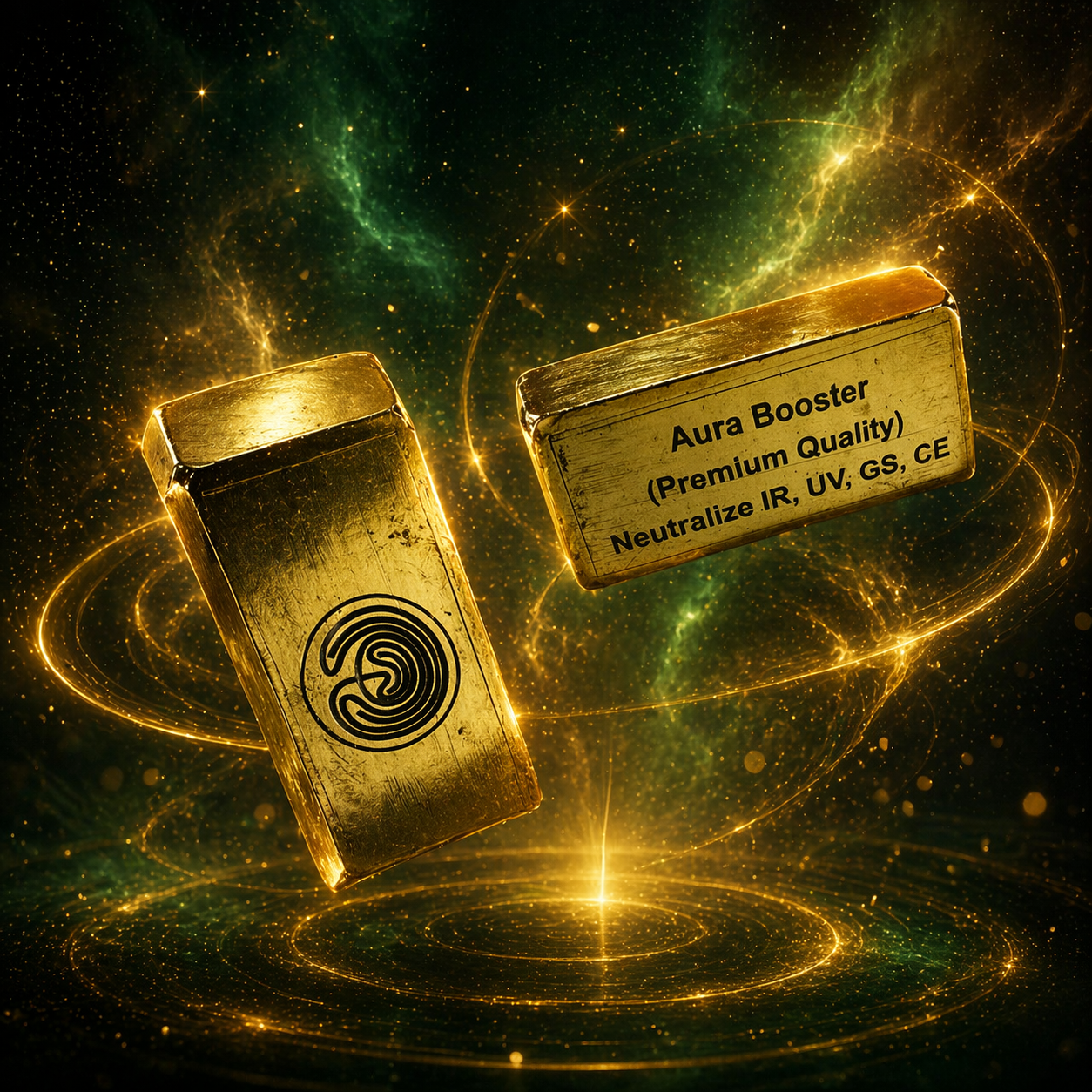 Two gold boxes labeled 'Aura Booster' against a cosmic background