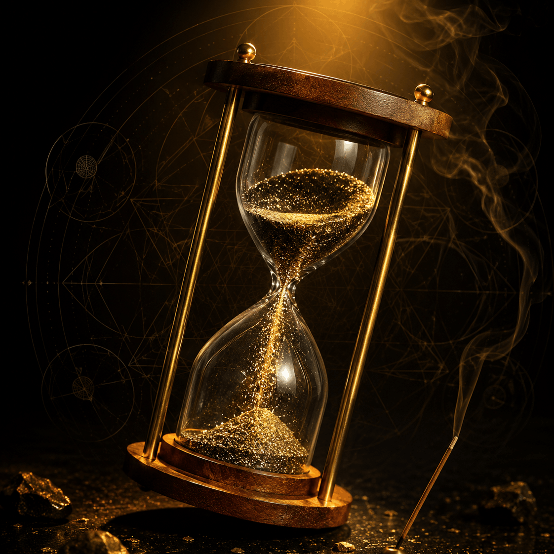 Hourglass with sand running down, illuminated by a spotlight on a dark background