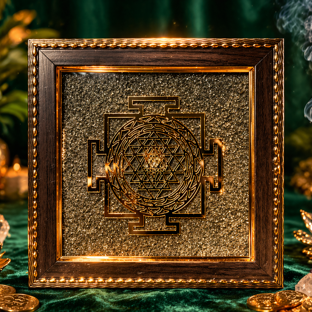 Shree Yantra on Raw Pyrite Frame – Sacred Geometry Abundance Crystal Wall Decor