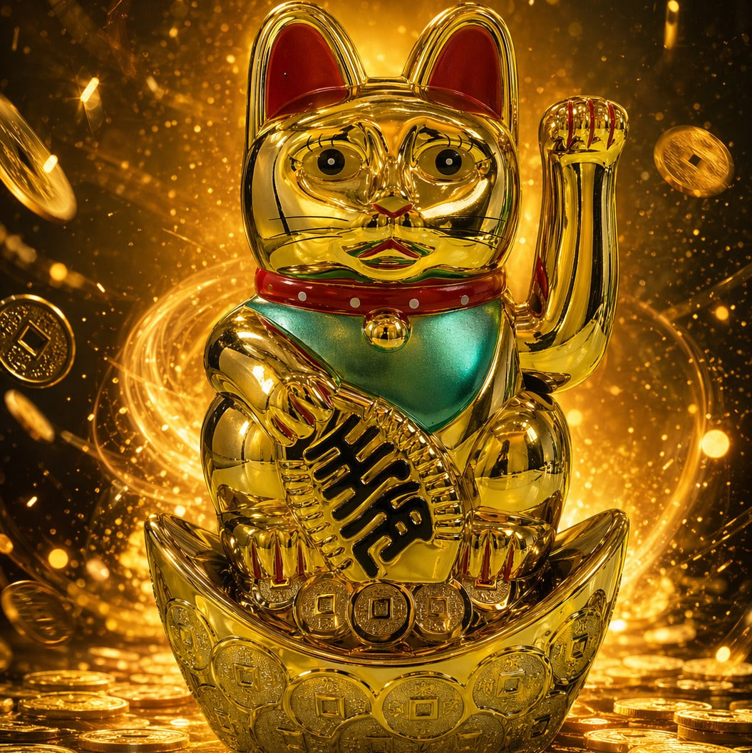 Gold cat figurine with coins on a dark background