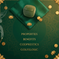 Green stone on a green cloth with gold accents and text on a decorative green background
