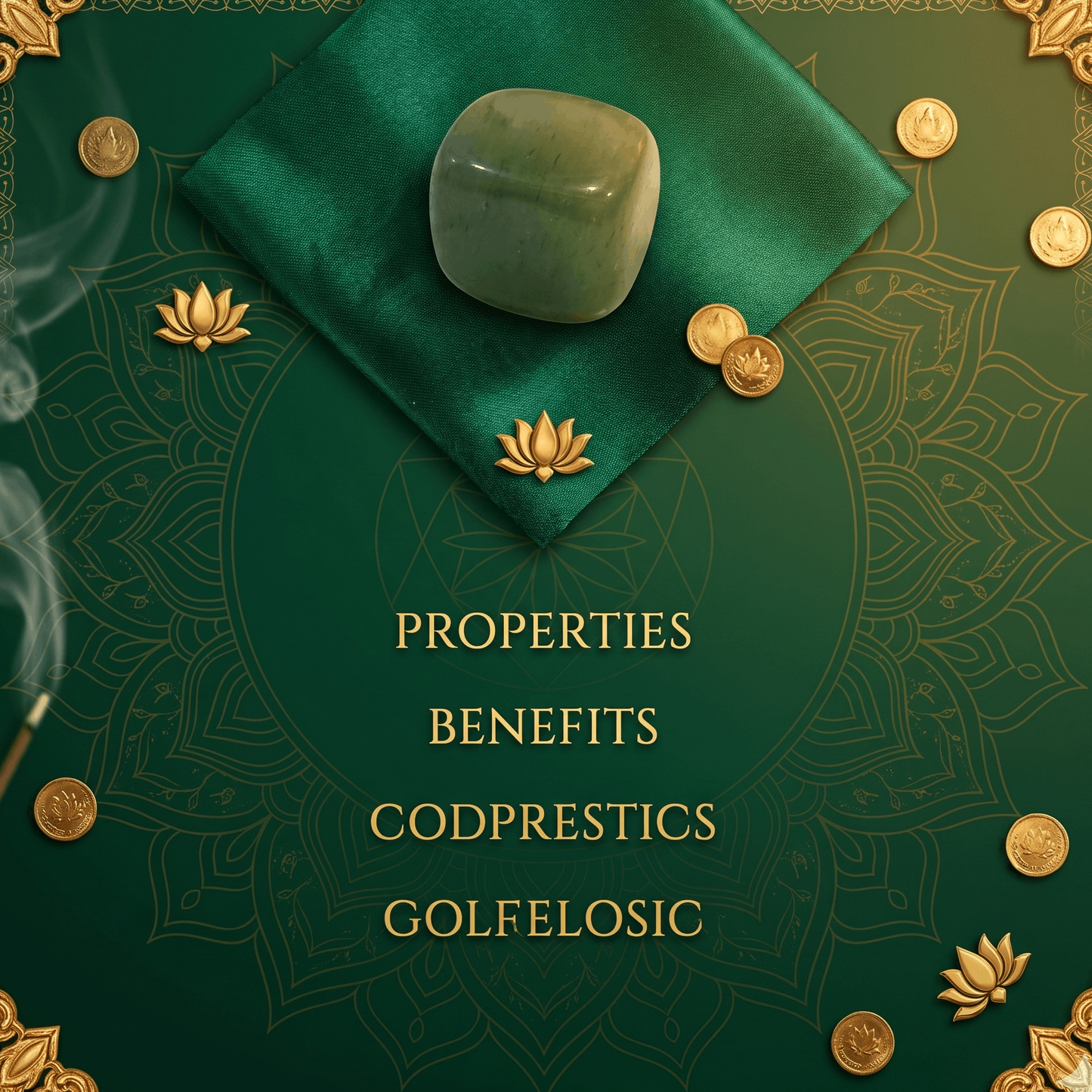 Green stone on a green cloth with gold accents and text on a decorative green background