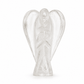 A small translucent clear angel figurine with outstretched wings, standing on a white background.