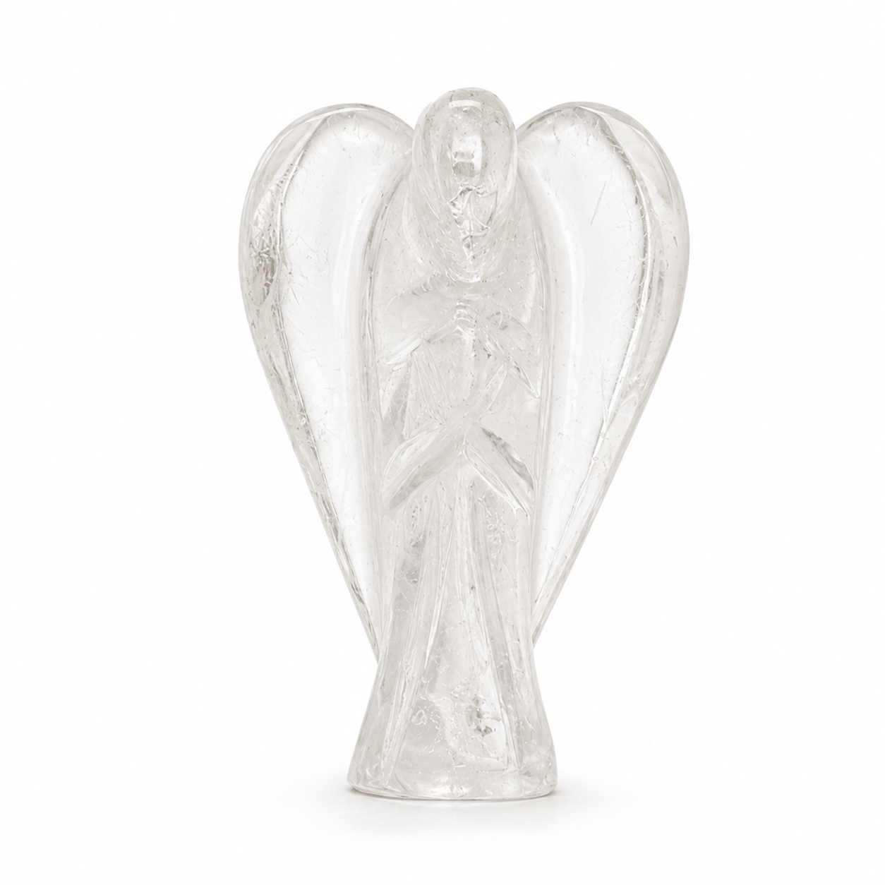 A small translucent clear angel figurine with outstretched wings, standing on a white background.