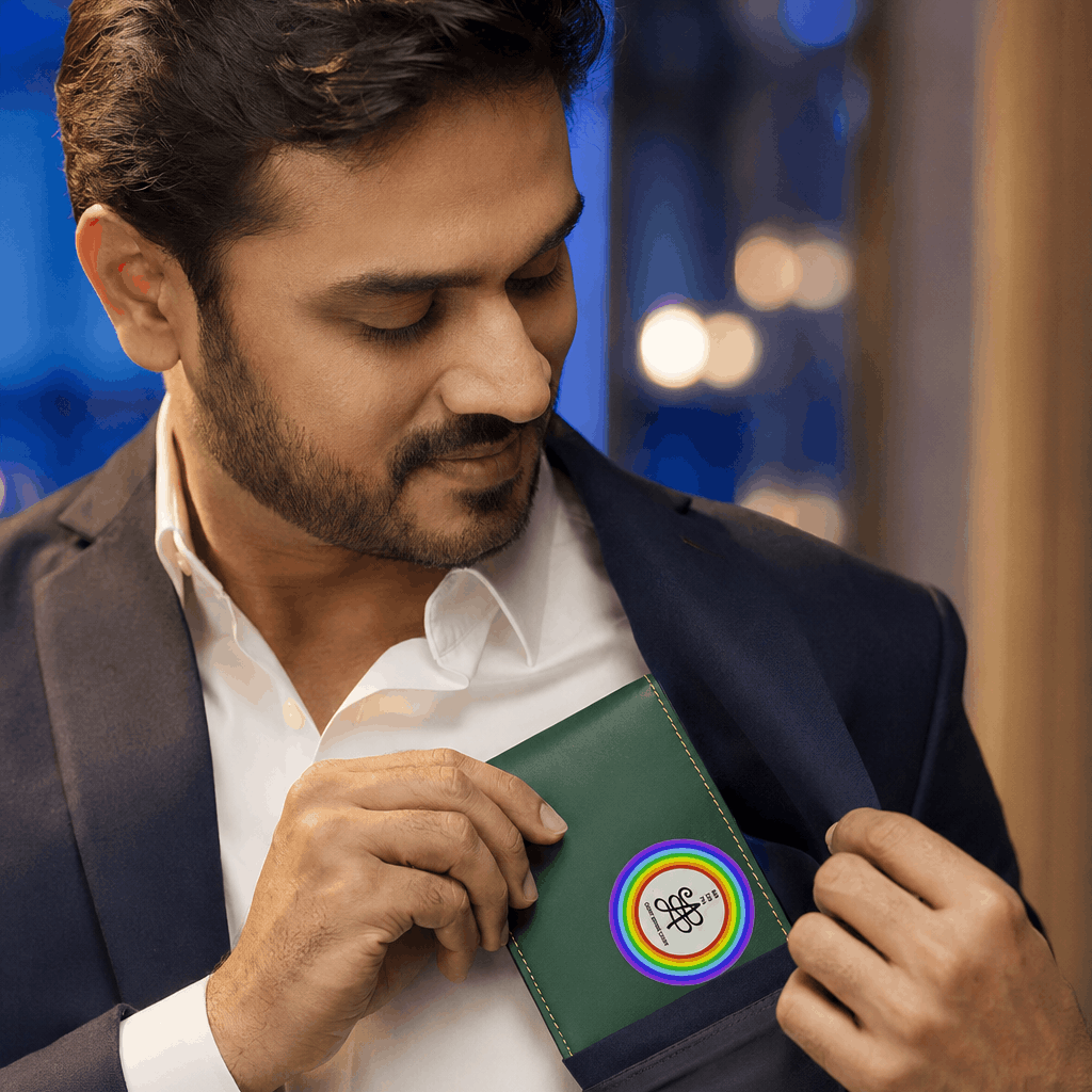 A man in a navy blazer and white dress shirt adjusts a green passport holder pocket on his jacket, showing a circular embroidered emblem. The background is a softly blurred indoor setting with warm lighting and bokeh.