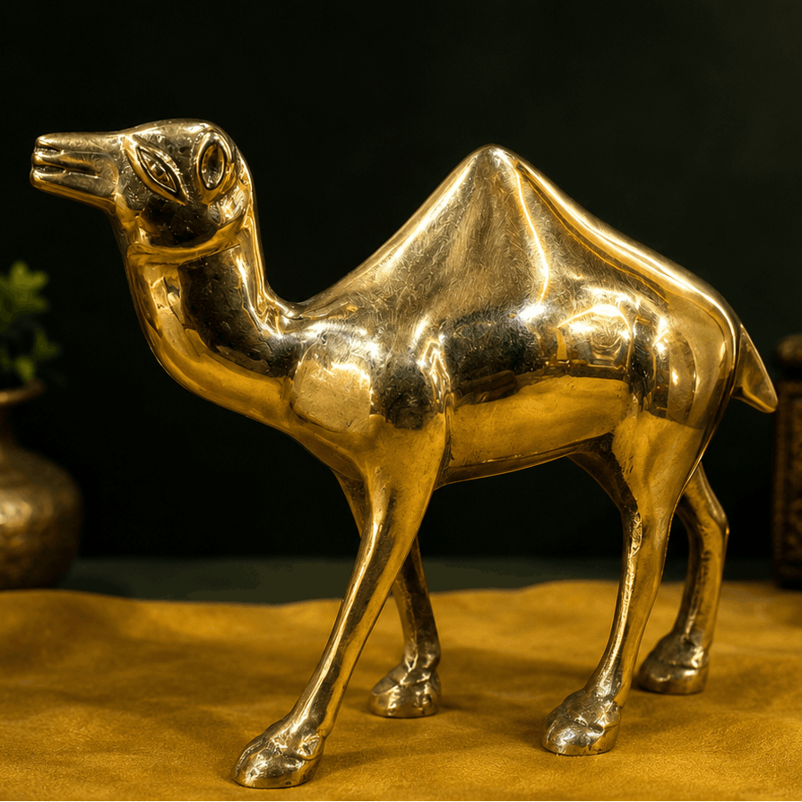 Gold camel figurine on a dark background with additional gold animal figurines displayed below.
