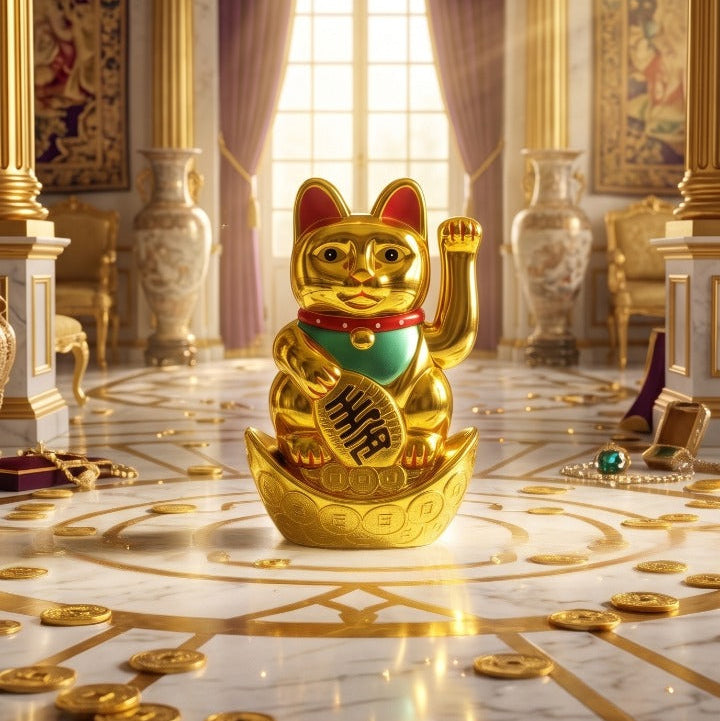 Gold cat figurine on a marble floor with decorative elements in a luxurious room.