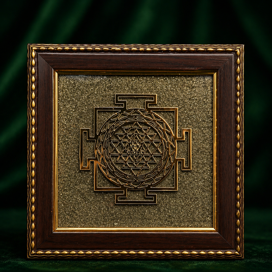 Shree Yantra on Raw Pyrite Frame – Sacred Geometry Abundance Crystal Wall Decor