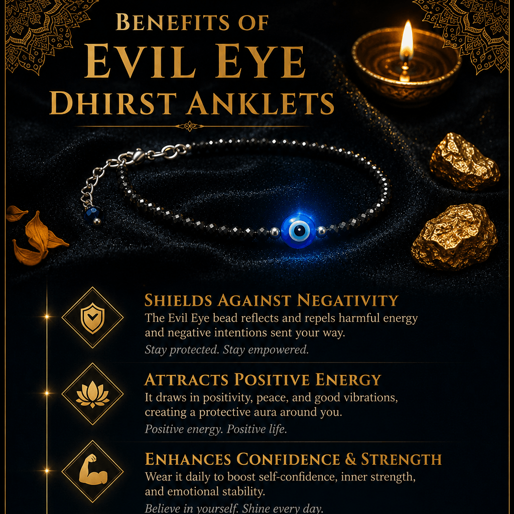 Advertisement for Evil Eye Dhirst Anklets with benefits listed on a dark background.