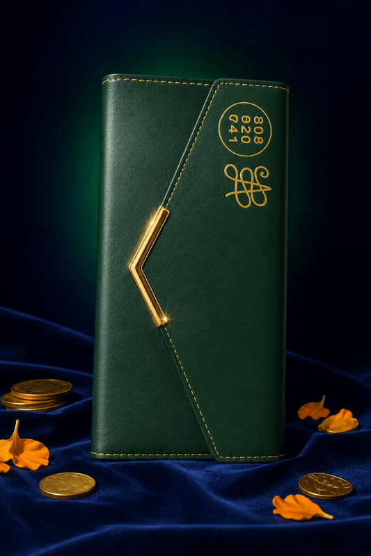 A dark green leather wallet or notebook cover with gold stitching, a gold chevron clasp, and gold monogram-style logos on the front, displayed on a dark blue velvet surface with scattered gold coins and orange petals.