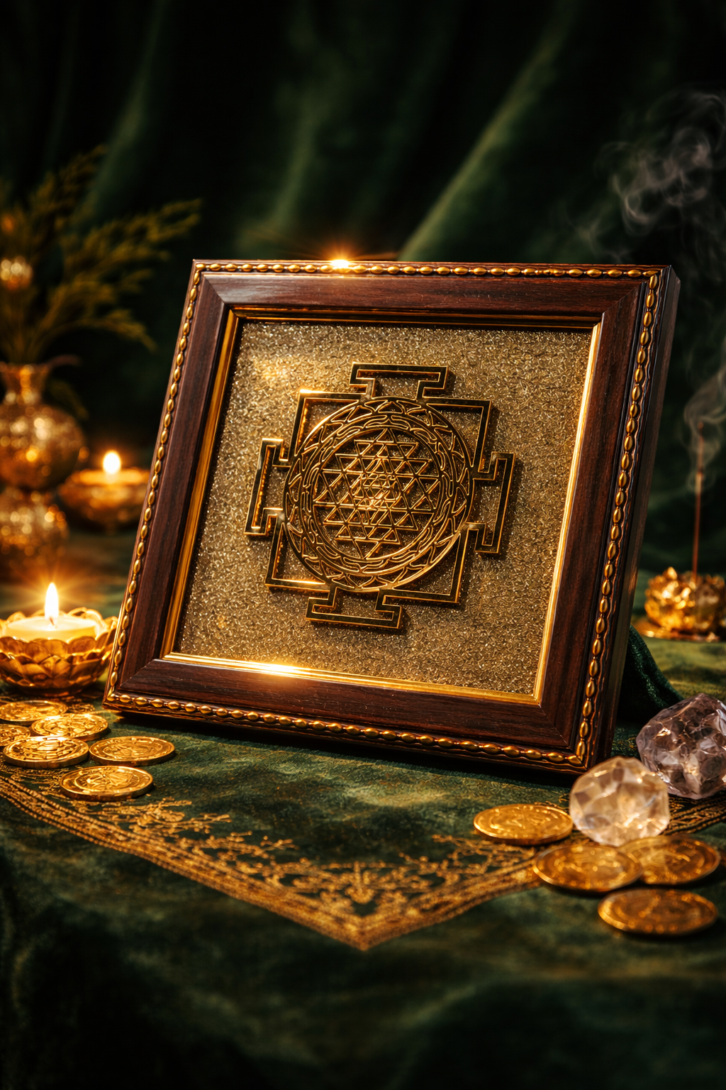 Shree Yantra on Raw Pyrite Frame – Sacred Geometry Abundance Crystal Wall Decor