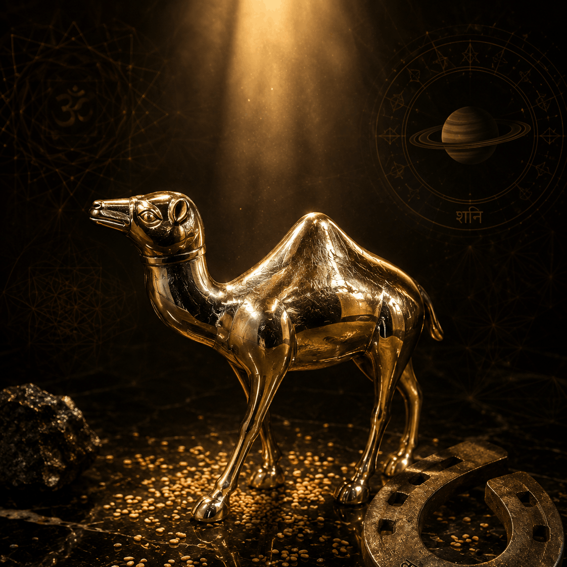 Gold camel figurine and horseshoe on a dark background with spotlight effect