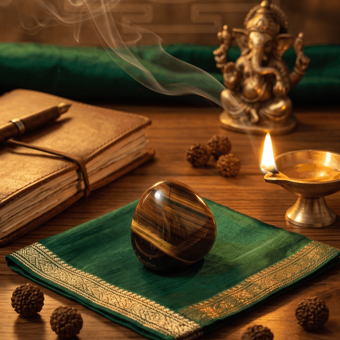 Decorative setup with a statue, books, and incense on a wooden surface.